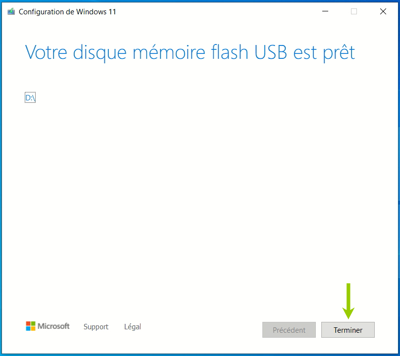 Installation terminée du support d'installation Windows 11