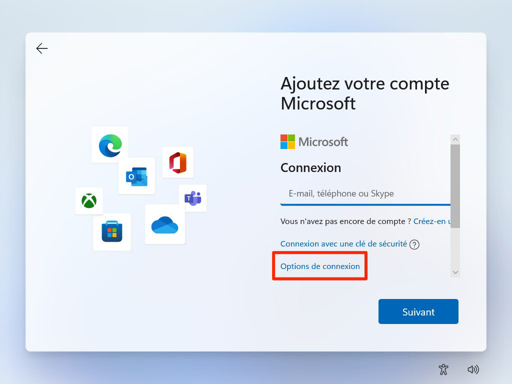 Options de connexion compte Microsoft