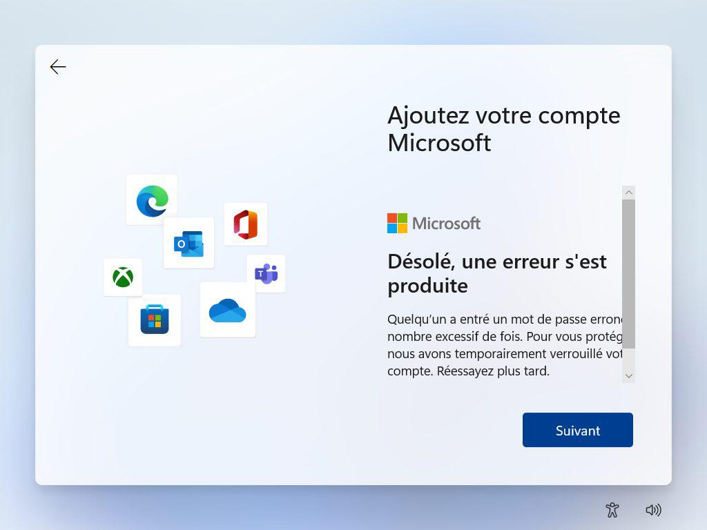 Message d'erreur ajout compte Microsoft