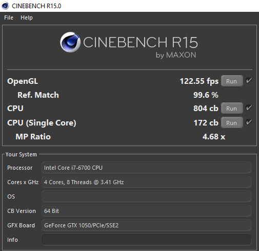 Benchmark Cinebench R15 sur HP ProDesk 600 G2 Tour avec GTX 1050