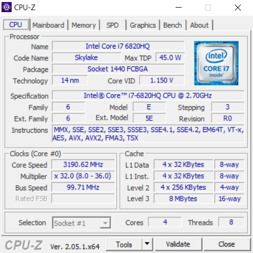 Résultat CPU-Z station travail reconditionnée HP ZBook 15 G3