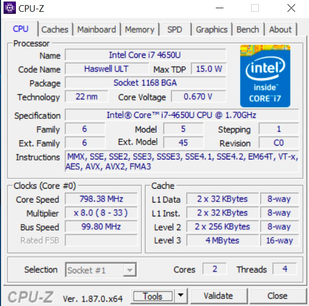 Benchmark CPU-Z sur Microsoft Surface Pro 3